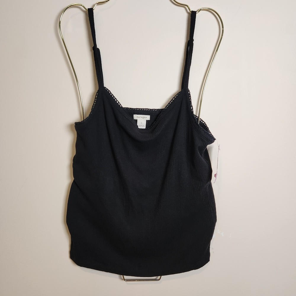 NWT Halogen Black Ribbed Cotton Cami Tank Top L Nordstrom